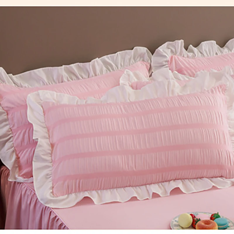 

Washed Cotton Bedding Set Exquisite Seersucker Solid Lace Dormitory Family Queen Size Sheet Duvet Cover for Girls Bedclothes