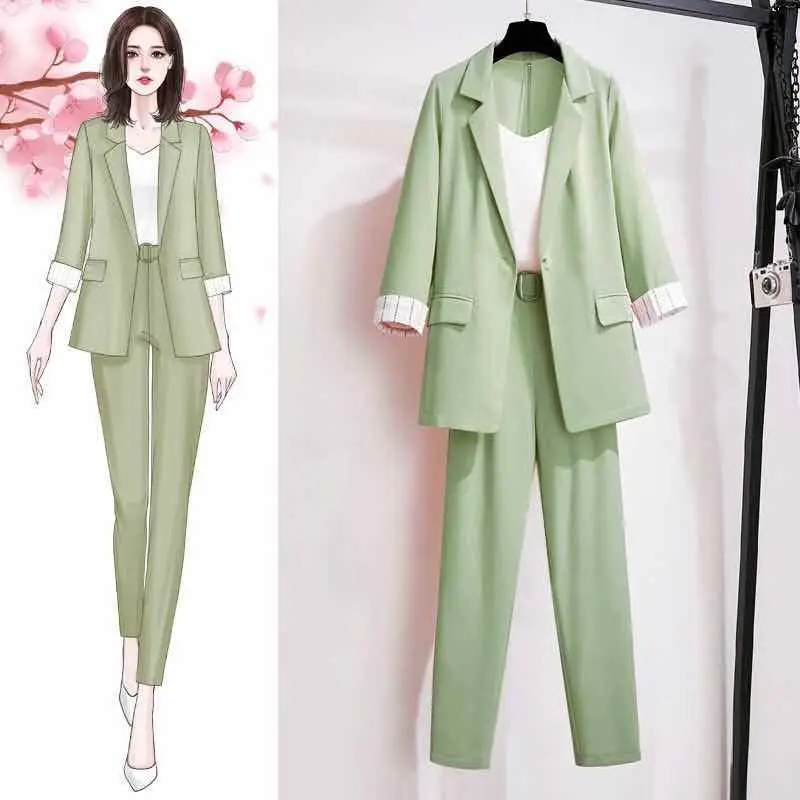 Women Blazer Suit for Spring Autumn Lady Blazer Jacket +Long Pant Female Outerwear Elegant Ladies Coat Plus Size M-4XL D51