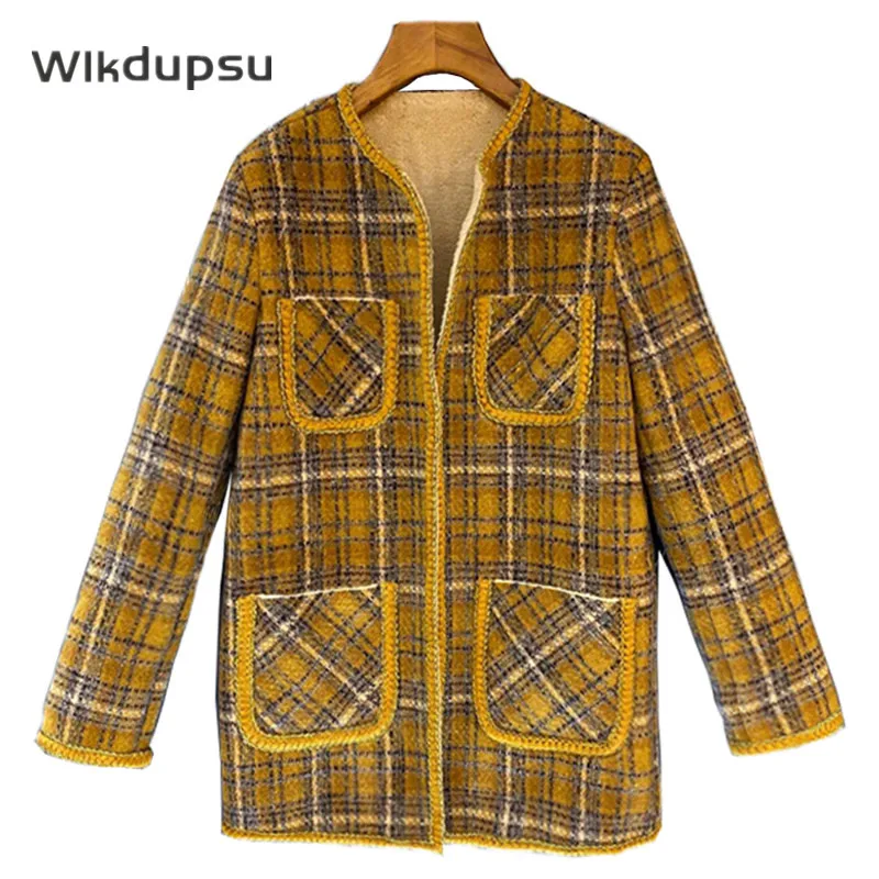 

Женская твидовая куртка в клетку, длинная теплая Свободная куртка на флисовой подкладке, верхняя одежда в британском стиле, Осень-зима 2021