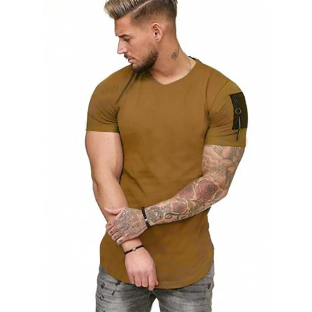 

Summer New men's O-neck T-shirt fitness bodybuilding T-shirt high street summer short-sleeved zipper casual cotton top