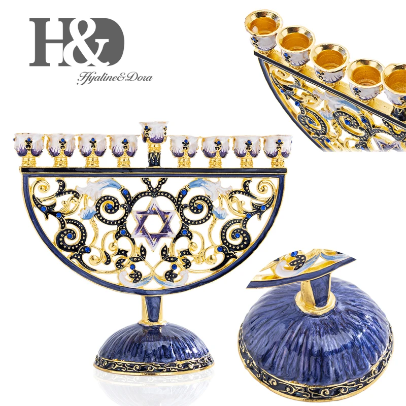 Цветочный эмалированный подсвечник H & D ручной росписи hanukka Menorah 9 ветвей