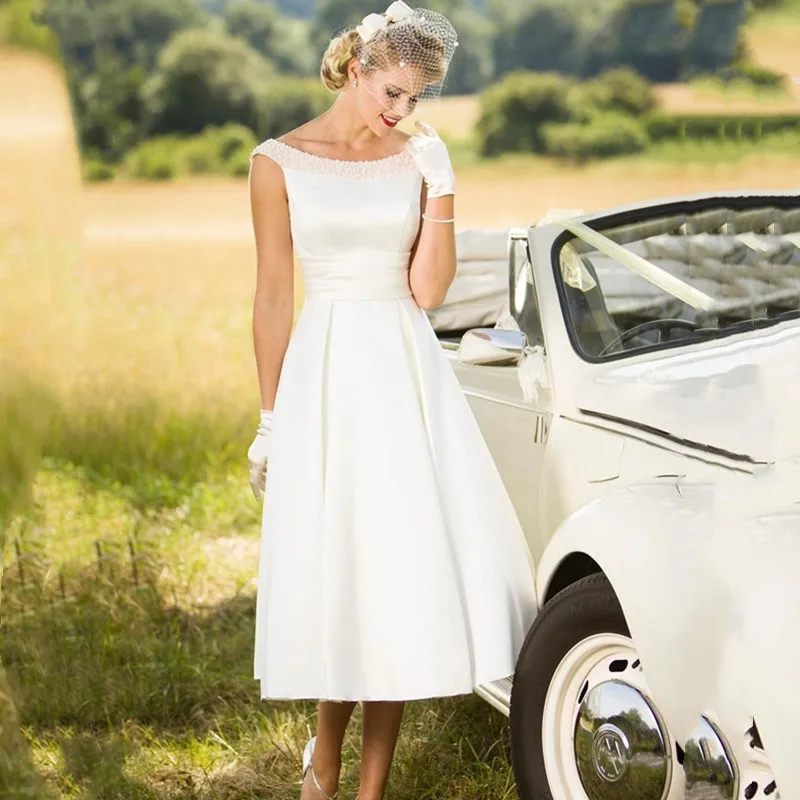 

Короткое свадебное платье с вырезом лодочкой и открытой спиной, новинка 2021, высококачественное атласное облегающее женское платье невесты,...