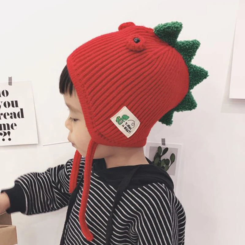 

Dinosaur Style Children Knit Hat Crochet Baby Dinosaur Hat Baby Warm Hat With Earmuffs Earflap Woolen Cap 2021