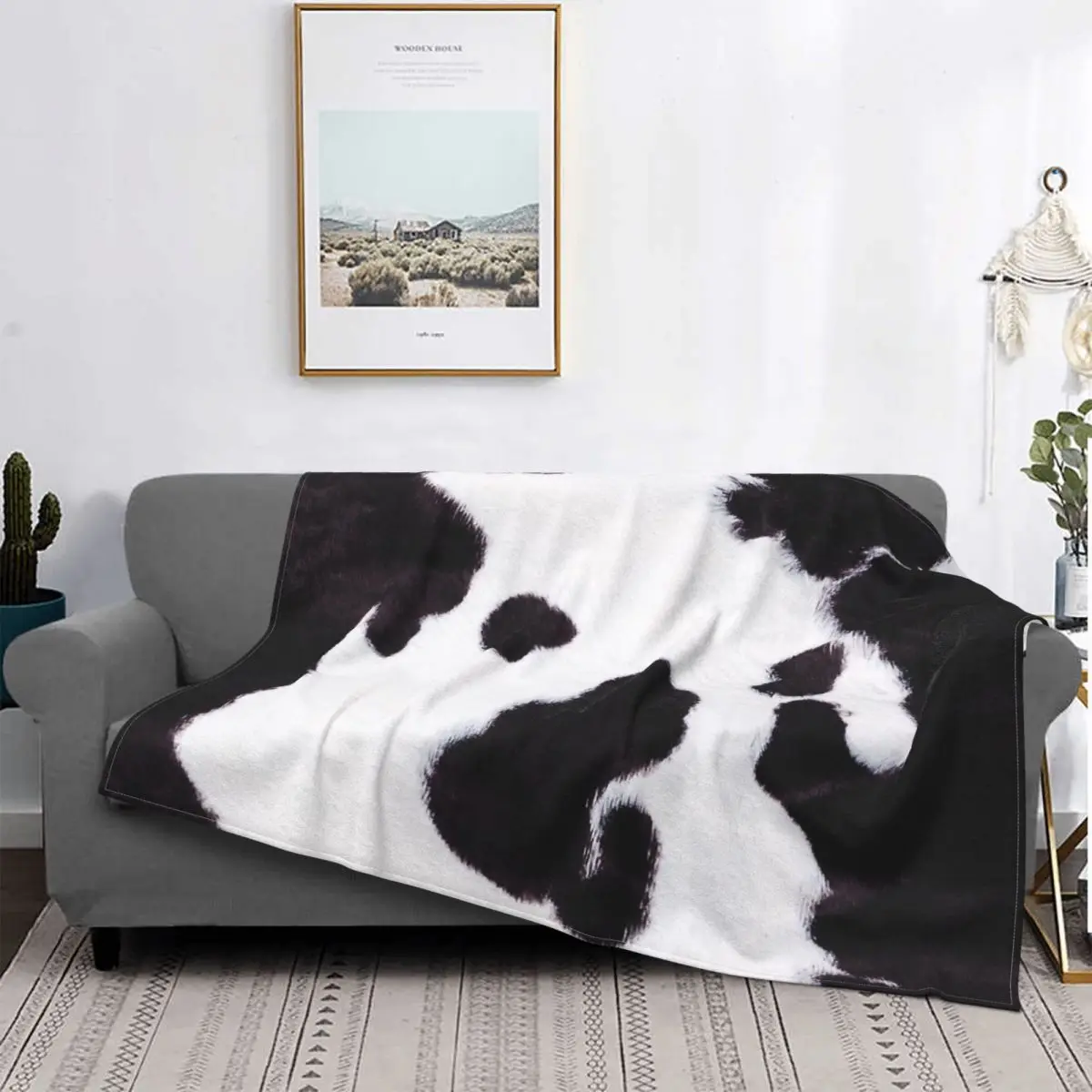 

Manta de estilo granja de piel de vaca, Sudadera con capucha a cuadros, colcha, manta de lana a cuadros de Anime