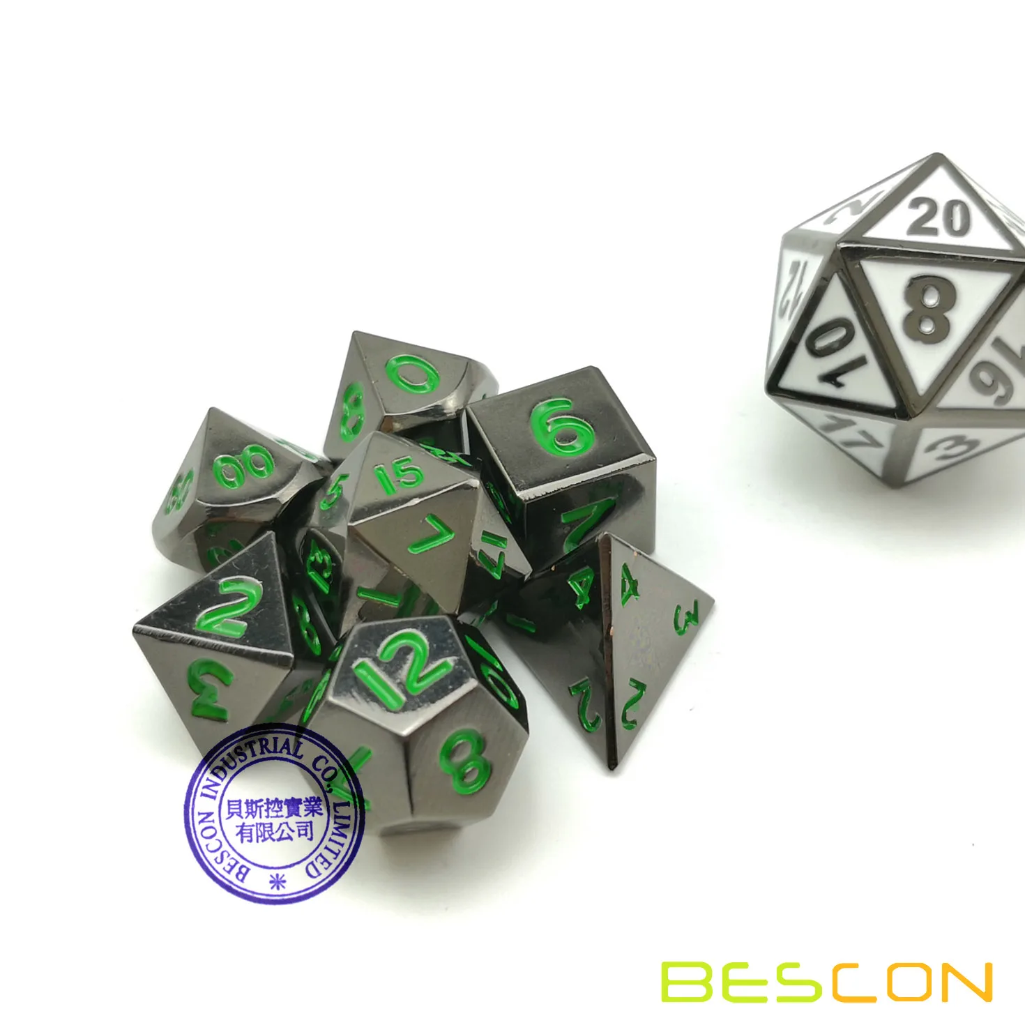 Bescon 10 мм Мини твердые металлические кости набор Глянцевая металлическая поверхность с зелеными цифрами, мини металлические многогранные D& D РГП игральные кости 7-Set