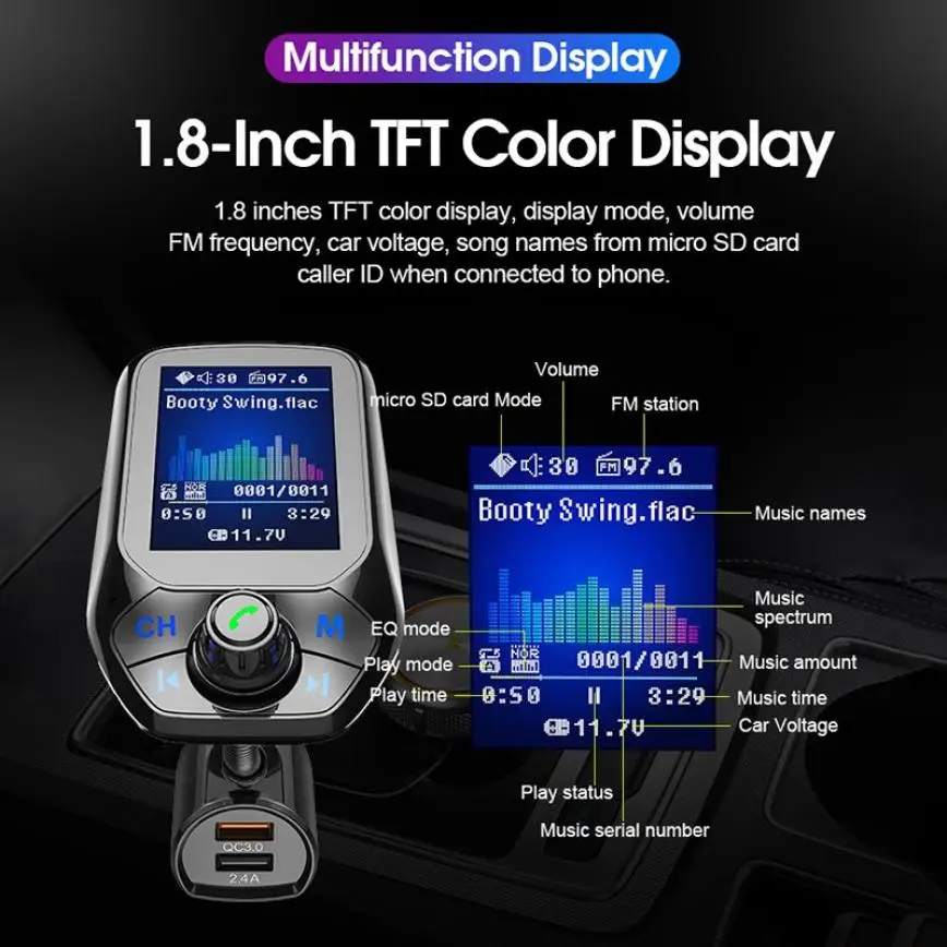MP3 музыкальный плеер приемник 1,8 дюймов fm-передатчик Bluetooth 5,0 автомобильный три USB QC3.0 зарядное устройство U диск/TF карта без потерь музыка