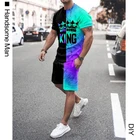 Модный мужской костюм в стиле ретро из двух предметов для отдыха спорта Harajuku с принтом короткая футболка шорты Повседневная Уличная одежда