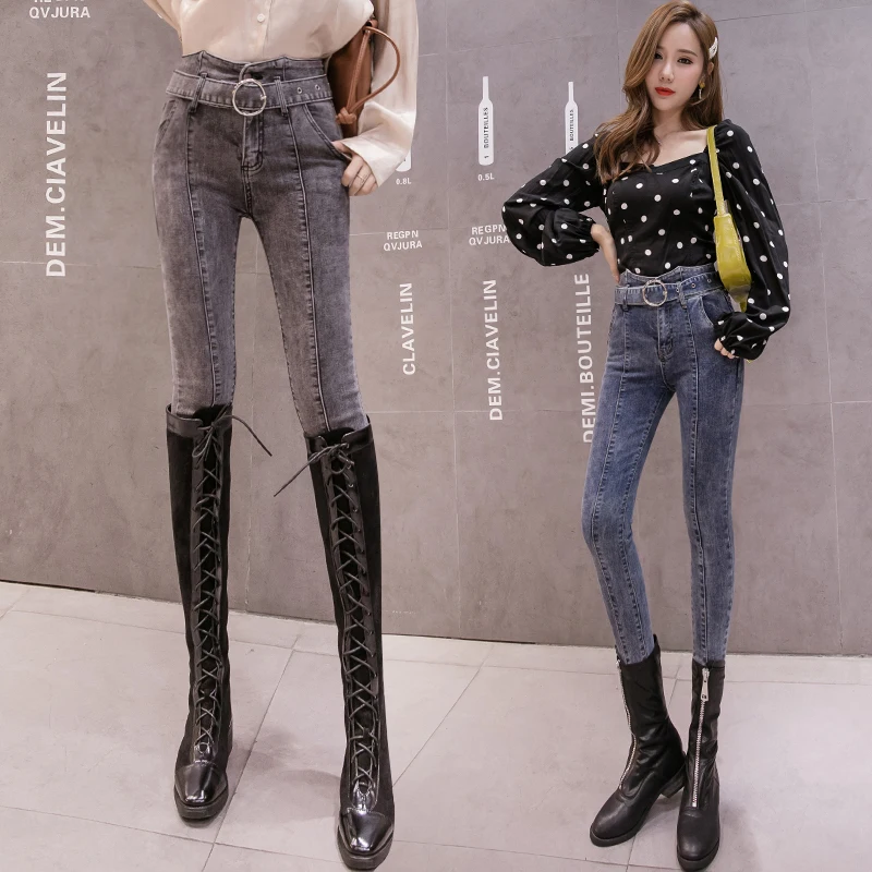 

2020 web celebrity han edition high waist jeans women fall show thin elastic pencil pants tight little feet nine minutes of pant