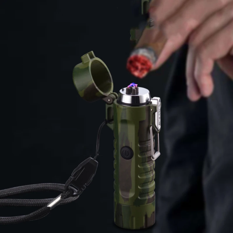 

Outdoor Camping LED Flashlight Windproof Cigarette Lighter Double Arc Sealed Waterproof USB Rechargeable Ciagrette Lighter