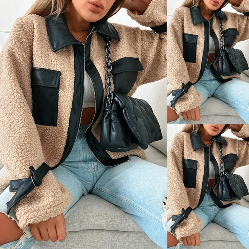 

2021 Jacket Women Coats Fashion Lamb Wool Autumn Winter Warm Pu Leather Oversized Gothic Jackets Fleece Shaggy Overcoat Outwear