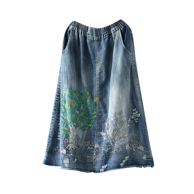 Женские юбки с вышивкой потертые длинные джинсовые средней длины в стиле девушки