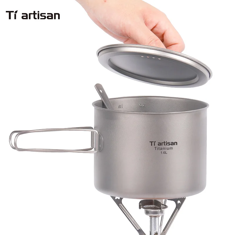 Tiartisan Outdoor Titanium 1600ml/1100ml Pot Backpacking Camping Cookware Picnic Camp Cooking Pot with Bail Handle or not