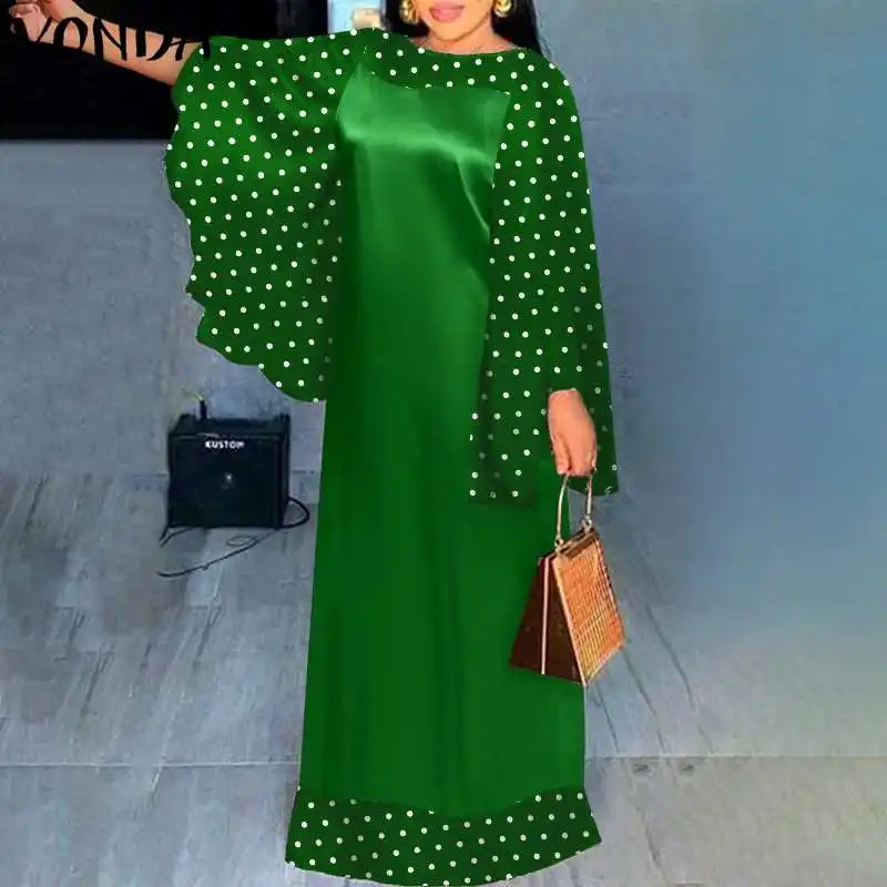 

VONDA Women Autumn Pleated Batwing Sleeve Vestidos Ladies Casual O Neck Polka Dot Maxi Dresses Loose Party Vestidos Oversized