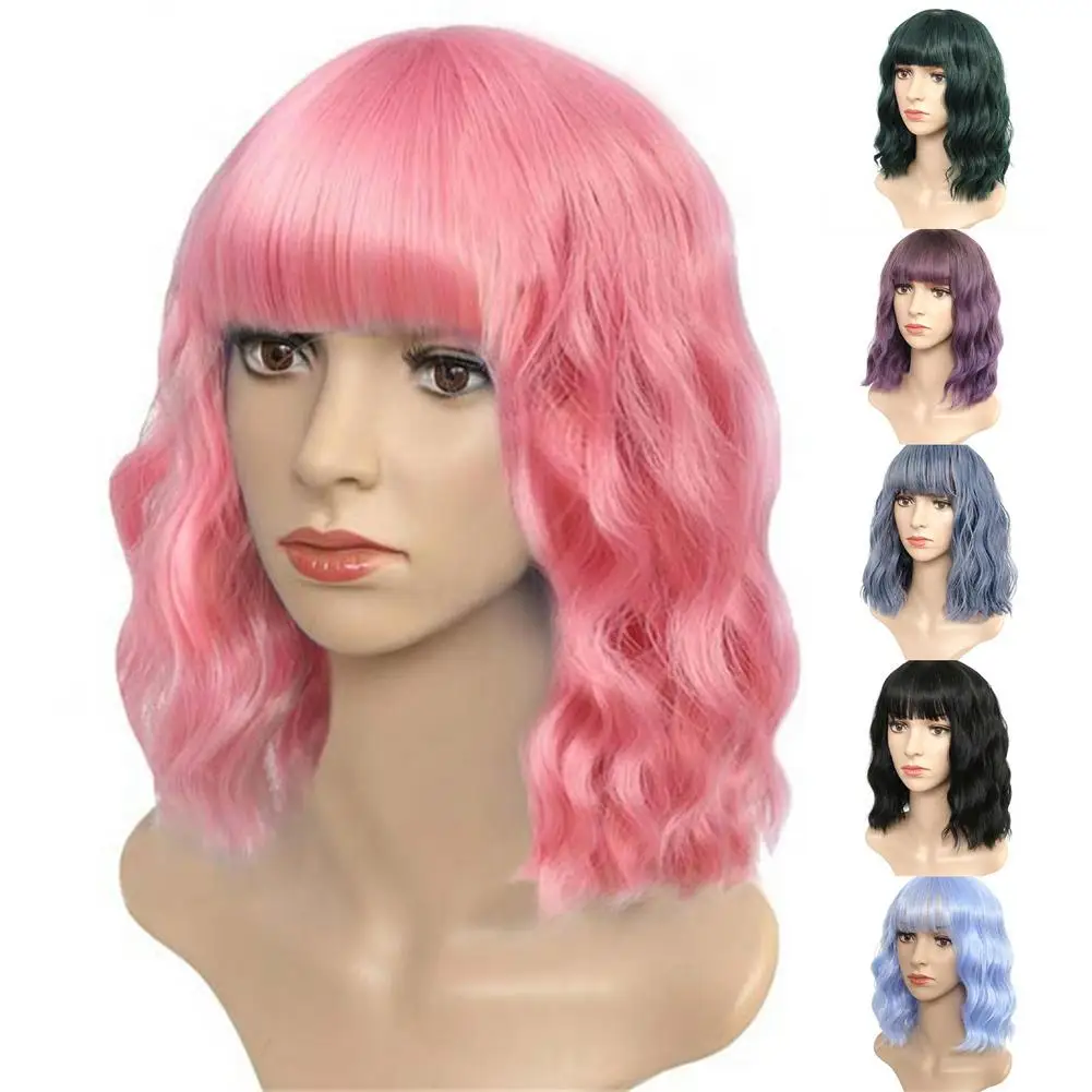 Энергичный короткий золотой парик вьющиеся волнистые с челкой женские розовые