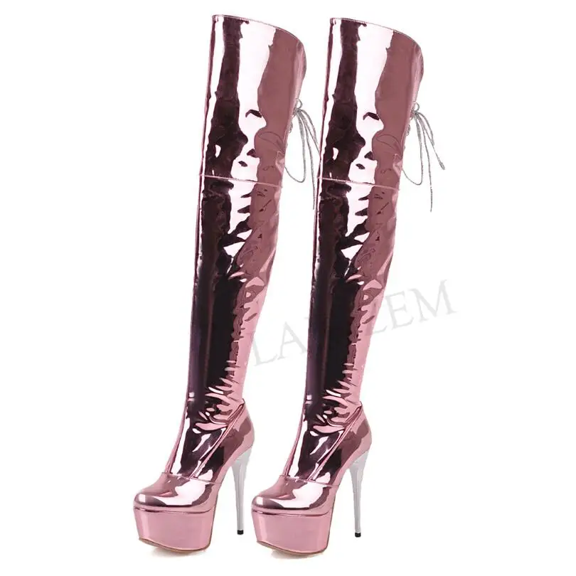 LGZ785 Pink LAIGZEM/блестящие женские водонепроницаемые облегающие сапоги; Зимние Сапоги выше колена из лакированной кожи серебристого цвета на шпильке; Botas Mujer; большие размеры 33-48 - Цвет: LGZ785 Pink