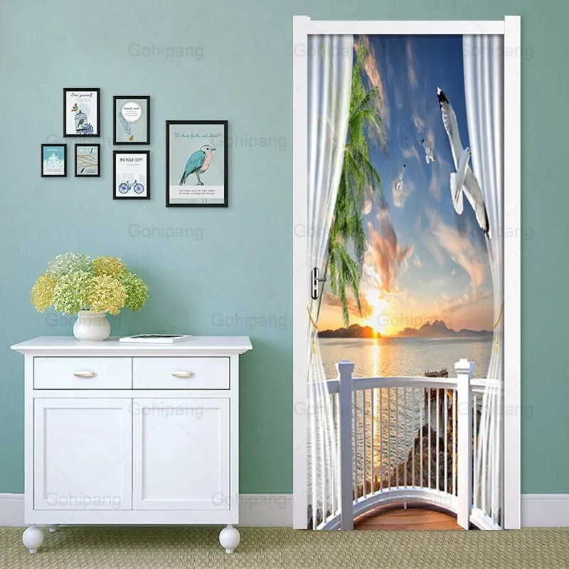 

Dusk Scenery Outside Window Forest Beach Door Sticker Waterproof Self-Adhesive Wallpaper Sticker Living Room Door Decor Decals