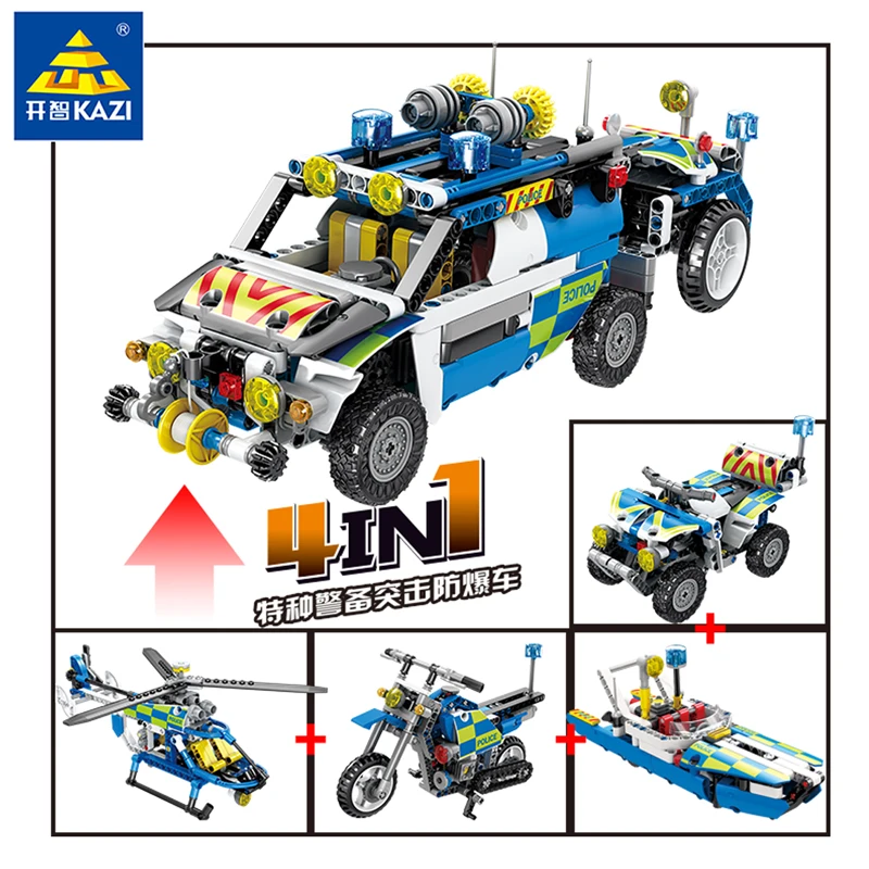 839 шт городской полицейский автомобиль SWAT строительные блоки 4IN 1 вертолет