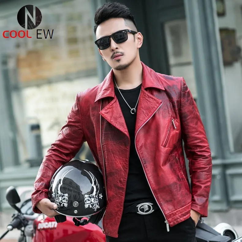 

2021 New Mens Luxury Sheepskin Genuine Leather Jacket Slim Fit Motorcycle Leather Jacket Men Punk Designer Red Outwear Coat 4XL