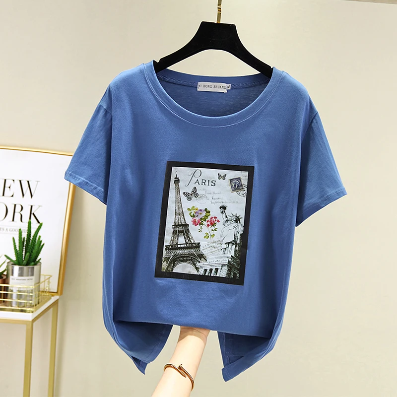 

Summer new fashion Creativity building printing pattern short-sleeved T-shirt female loose outdoor Casual women Round neck tops