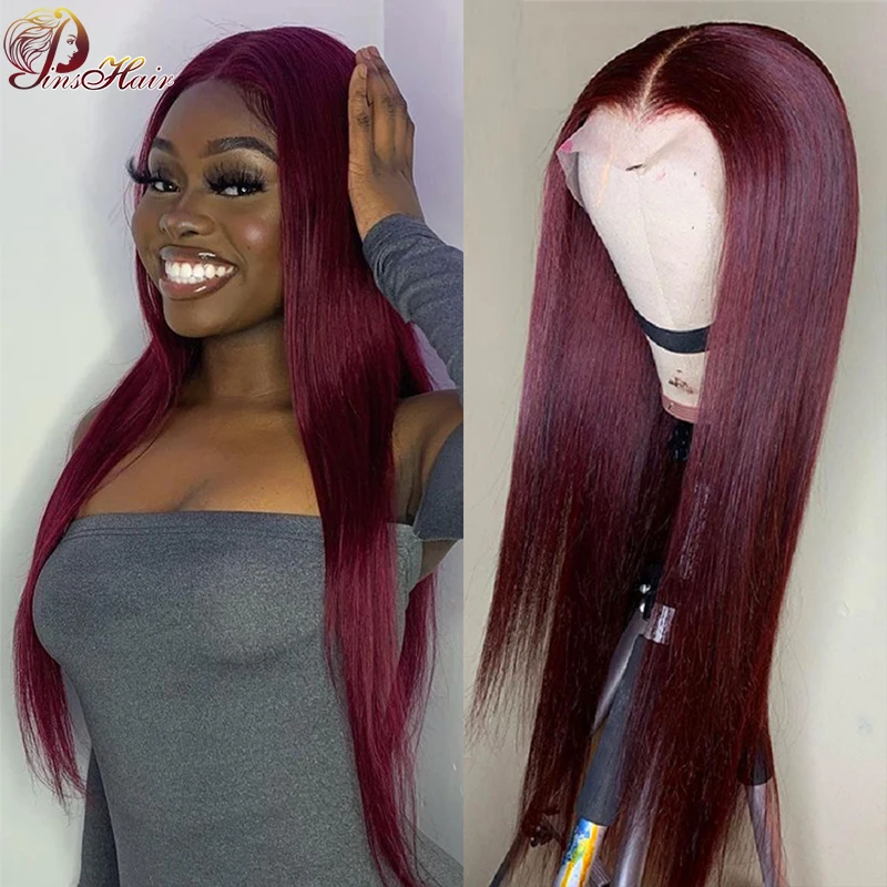 

Pinshair 99J Burgundy Lace Front Wig Human Hair Red Colored Straight Lace Frontal Wigs For Black Woman Peruvian Remy Hair 180%