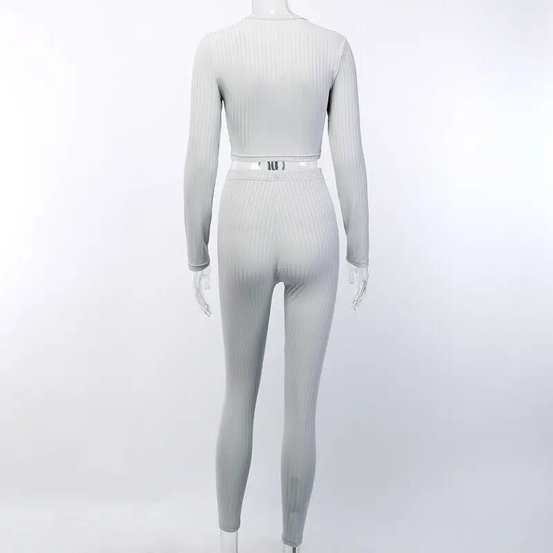 

Two Pieces Set Women Long Sleeve Crop Top+Pants Clubwear Sexy V neck Outfit 2 Pieces Set