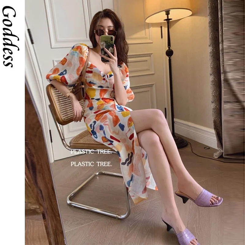 

Summer Patchwork Vintage Dress Chic Party Dress 2021 New Women Elegant Sweet Casual French Split Sexy Maxi Dress Puff Sleeve