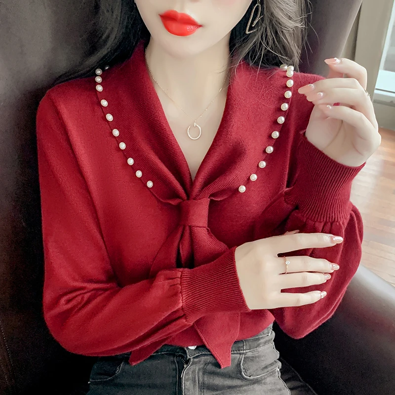 

Beading Sweet Sweater Jumper Girls Korean Style Pullover Base Knitted Top Female Long Puff Sleeve Sweaters Knitwear Winter