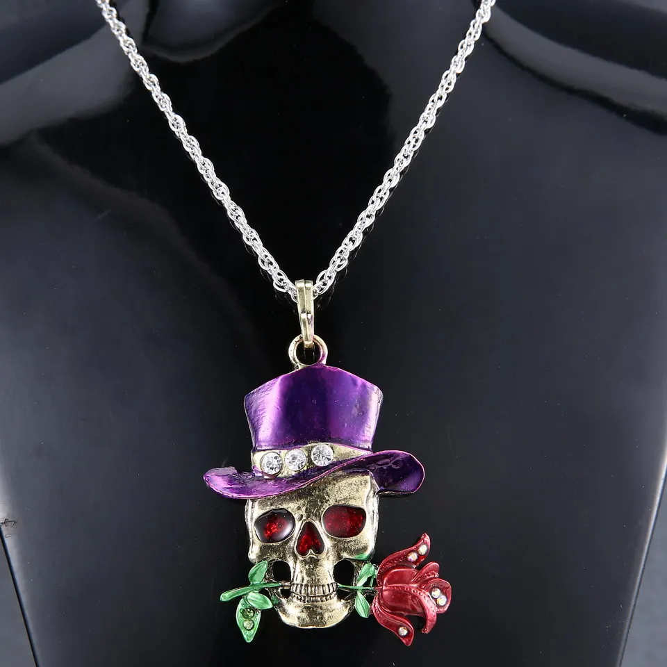 

Vintage Halloween Skull Skeleton Rose Women Necklace Enamel Pendant Fancy Festival Gift Kids Girls Jewelry Accessories Collar