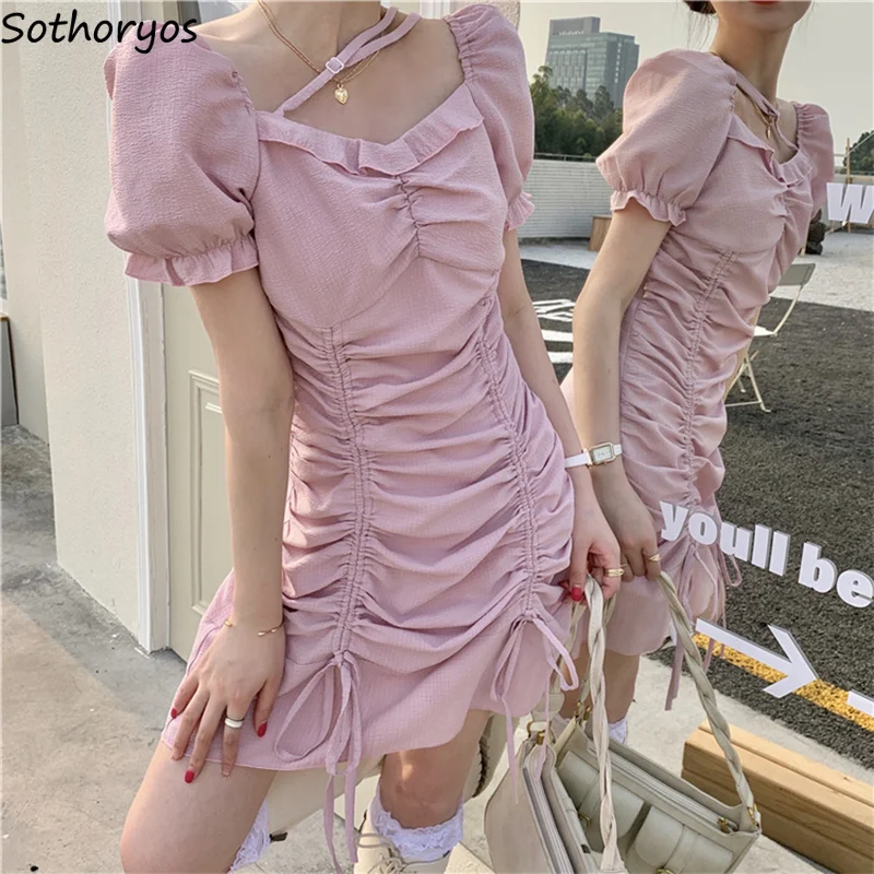 

Sweet Slim Short Sleeve Dress Women Shirring Mini Square Collar Sexy Cute Princess Popular Chic Y2K High Waist Irregular Design