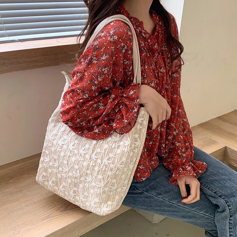 

Кружевная Женская сумочка, соломенный саквояж на плечо с цветами, вместительная сумка-мешок, мешок для покупок, большие тоуты, на лето