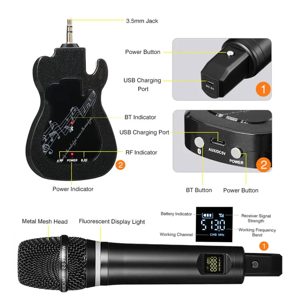 Excelvan GT200 микрофон UHF беспроводной караоке Встроенный аккумулятор