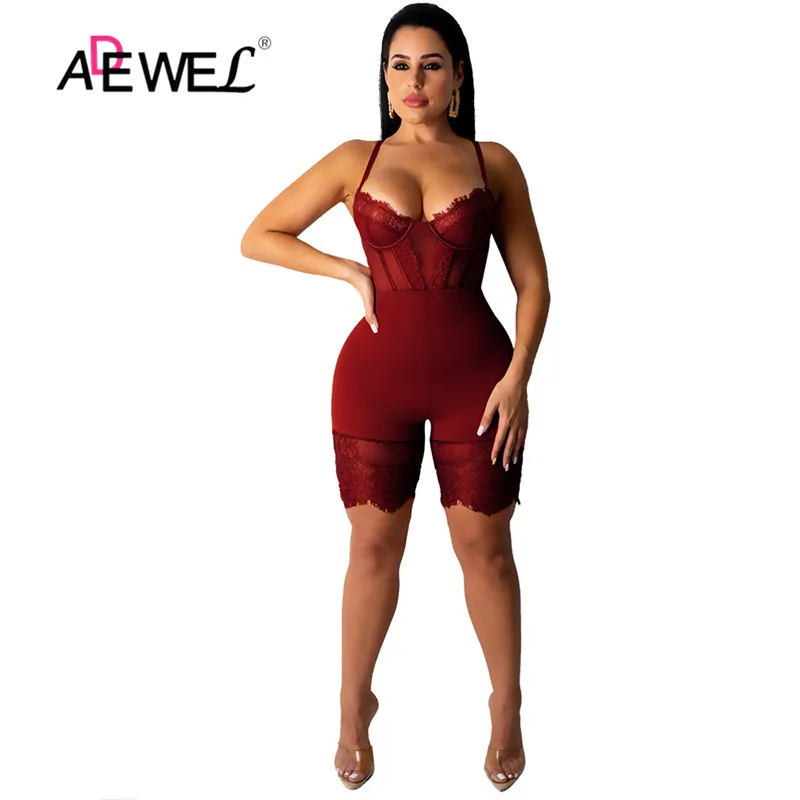 ADEWEL Bodysuit Women Fashion V Neck Sleeveless Lace Bodycon Jumpsuit Romper Clubwear Casual Sexy Mesh Body Mujer Lady Tops |