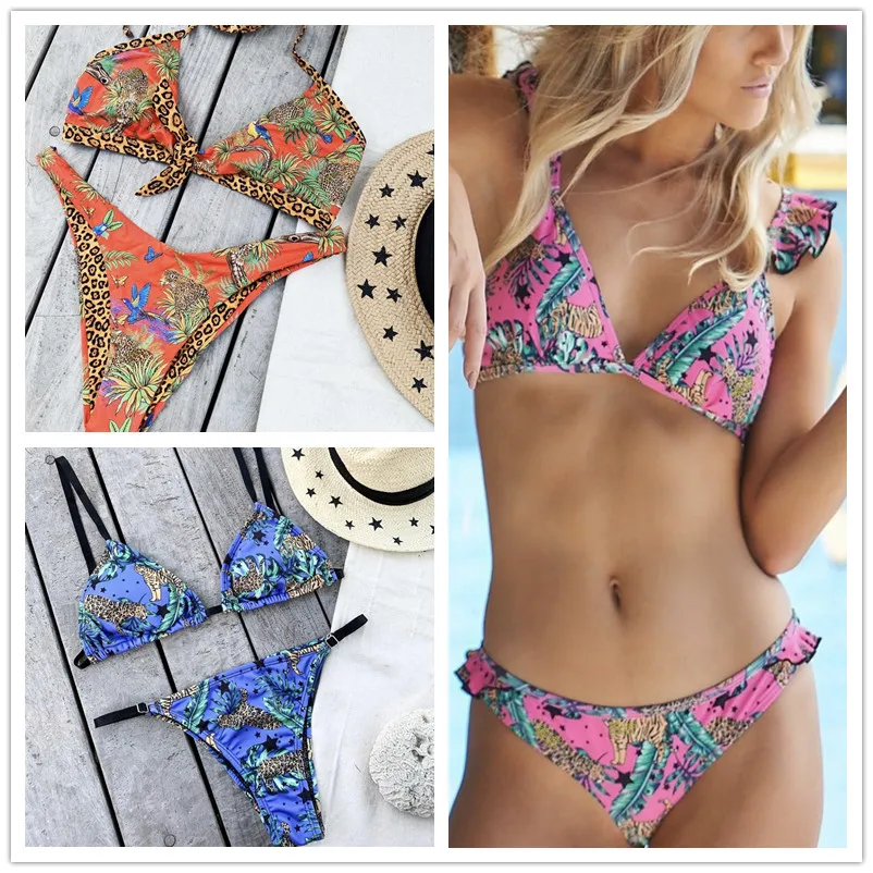 Купальник женский леопардовый пикантный бикини на шнуровке с высоким вырезом