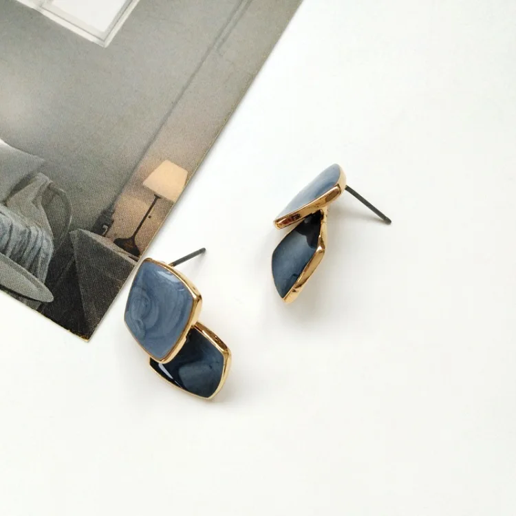 Stud Gray Navy Простые синие квадратные клипсы с узором, винтажные женские украшения, серьги - Окраска металла: Stud Gray Navy