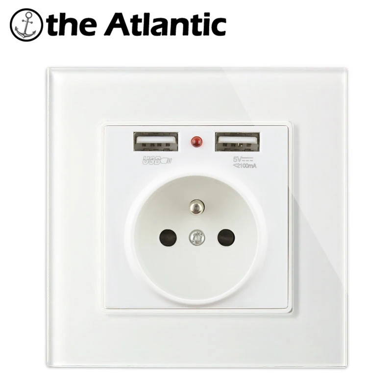Atlectric EU FR стандартная розетка с двумя usb-портами адаптер для зарядки со светодиодным индикатором розетка для настенного зарядного устройства закаленное стекло