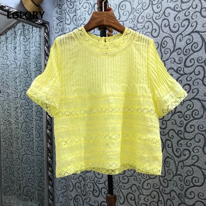 100%Linen Blouses 2021 Spring Summer Style Tops Women O-Neck Hollow Out Embroidery Short Sleeve Casual Loose Tops Yellow Pink