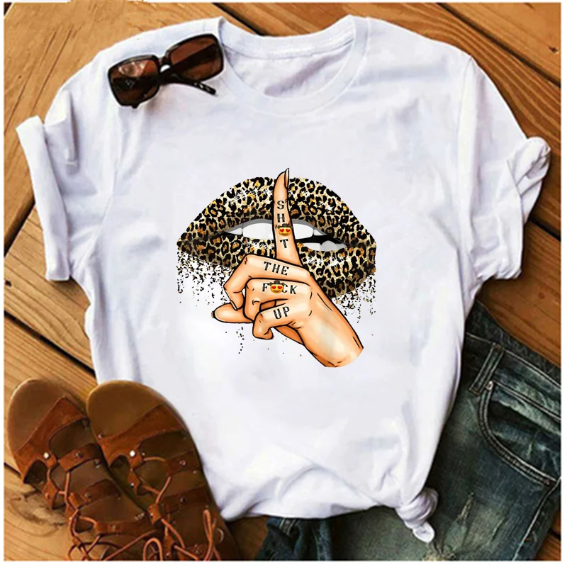 Mayos с леопардовым принтом С в виде губ Женская футболка короткими рукавами