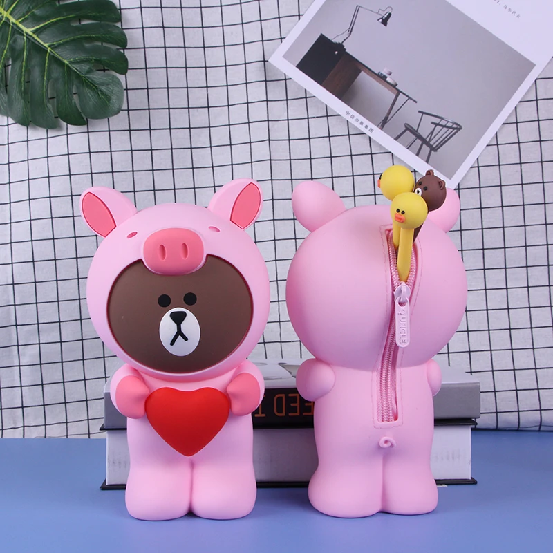 pig bear Kawaii Мультяшные женские кошельки с отделением для карт, студенческие канцелярские принадлежности, Детская коробка для ручек и карандашей, силиконовая сумка для макияжа, карманный мини-кошелек Carteira - Цвет: pig bear