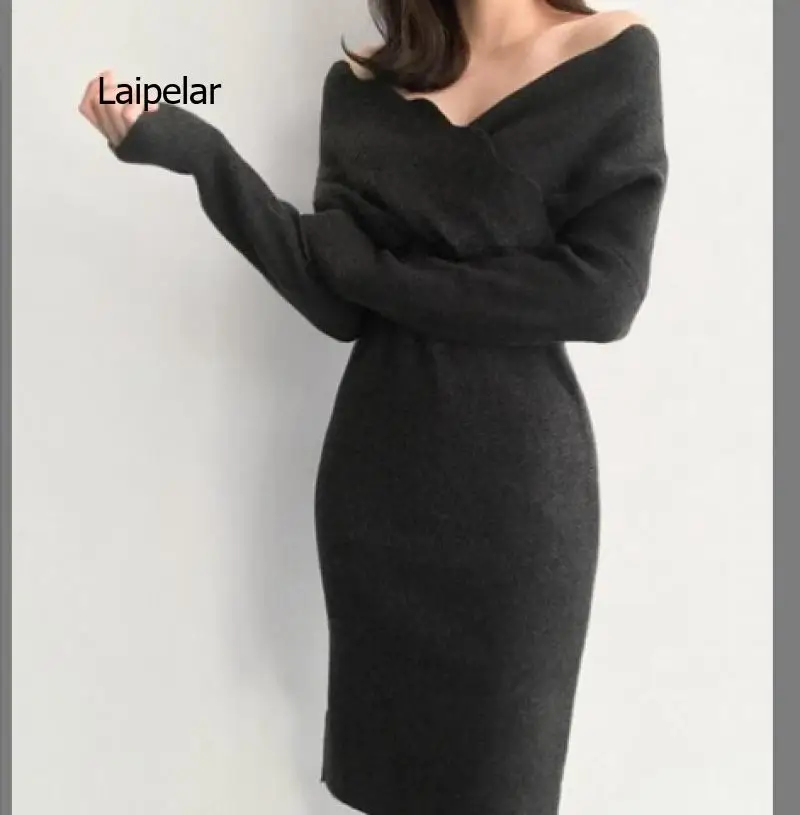 

Autumn Winter Women Slim V-neck Knitted Sweater Dress Female Bodycon Tricot Pullovers Dress Knitwear Elegant