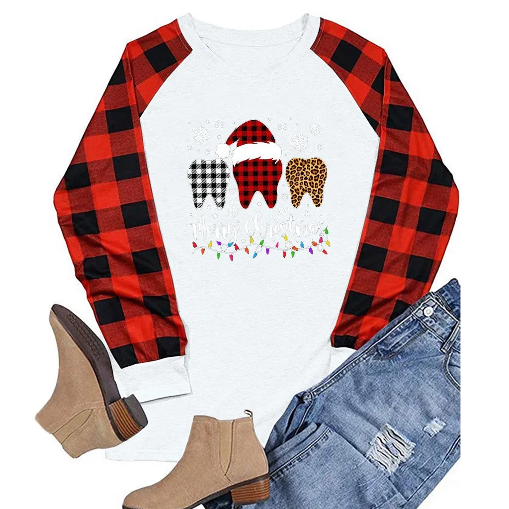Женский Повседневный Рождественский свитер в клетку с длинным рукавом реглан 2020