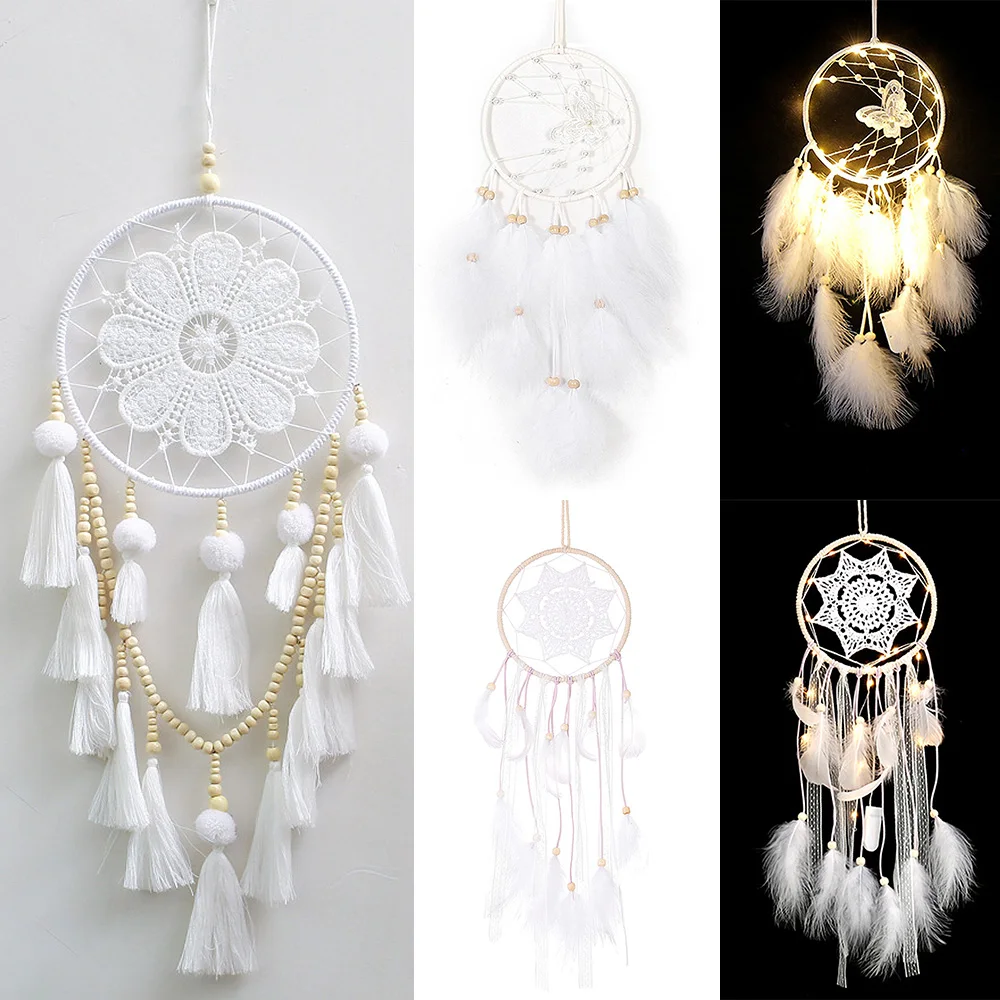 

LED Handmade Colorful Circular Net Wind Chimes Feather Pendants Wall Hanging Ornament For Home Bedroom Wall Hanging Decoration