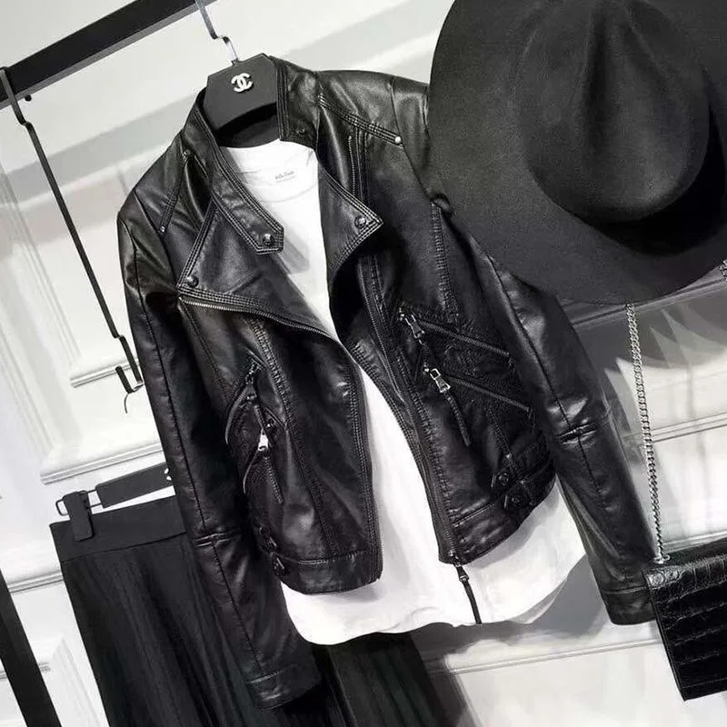 

2021 Spring Autumn Women Short PU Leather Motorcycle Jackets Turn-down Collar Zipper Slim Black Moto & Biker Jacket Female Y619