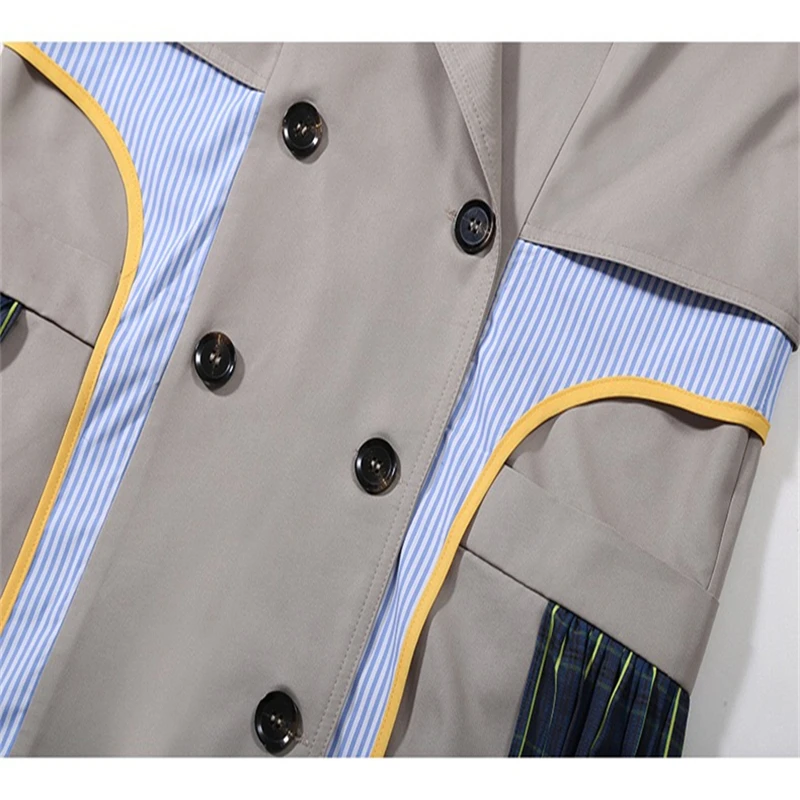 

Women Gray Striped Pleated Long Trench New Lapel Long Sleeve Loose Fit Windbreaker Fashion Tide Spring Autumn 2020