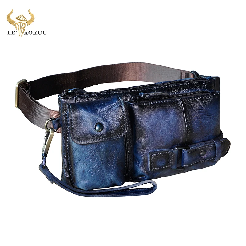

Genuine Leather men Casual Fashion Blue Travel Fanny Waist Belt Bag Chest Pack Sling Bag Design Bum Phone Case Pouch Male 8135-G