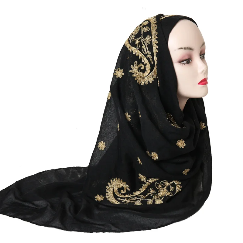 2019 женский простой хлопковый шарф с золотой вышивкой головной хиджаб накидка