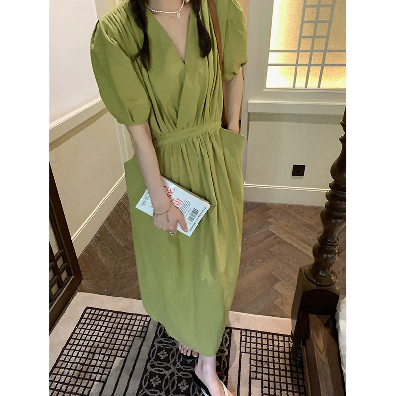 

Vintage Solid Color Green Party cotton dress High waist female Casual dress Vestidos Q078