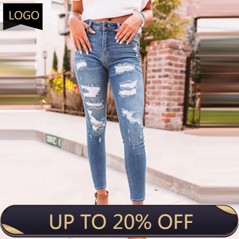 

Женские джинсовые брюки с высокой талией, повседневные облегающие брюки-карандаш с дырками и кисточками, весна-лето 2021