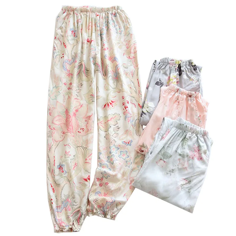

Spring Summer Ladies Elastic Waist Elegant Floral Print Household Trousers Comfort Loose Rayon Sleep Bottom Ladies Casual Pants