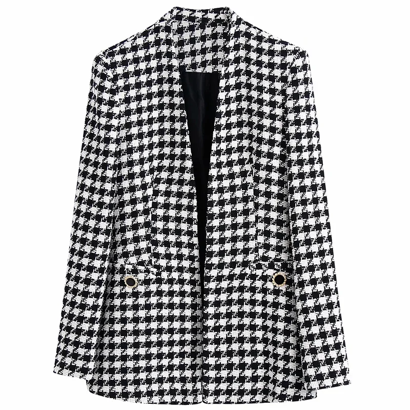 

SheBlingBling Za Woman 2021 Casual Traf Coats Autumn V Buttons Open Stitch Houndstooth Jacket Female Slim Tweed Woolen Blazers