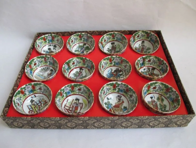 

Beautiful Chinese classical dream of Red Mansions glazed tea bowl 12 character set